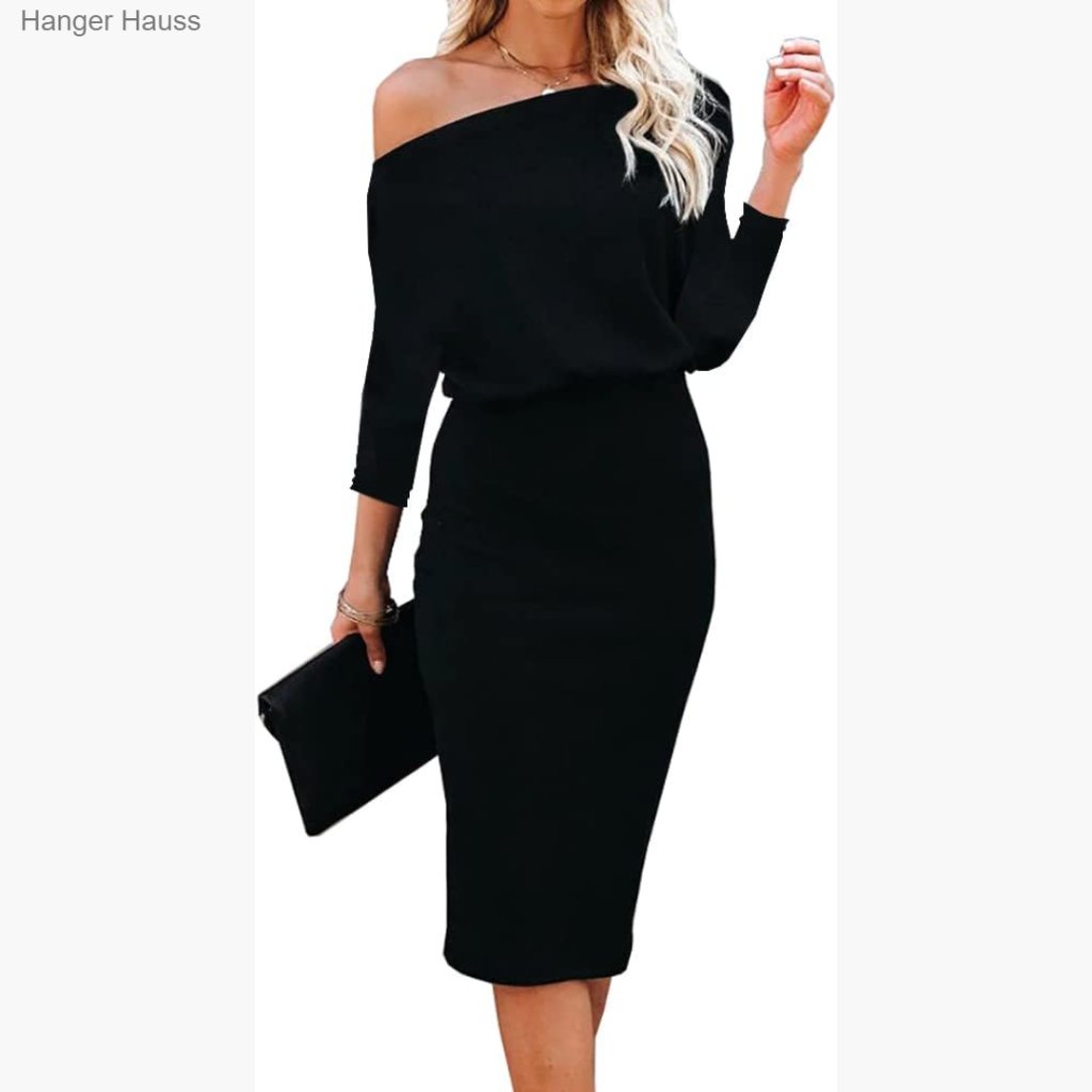 Off Shoulder Batwing Sleeve Pencil Midi Dress Loose Fit Stretchy Ribbed Knit